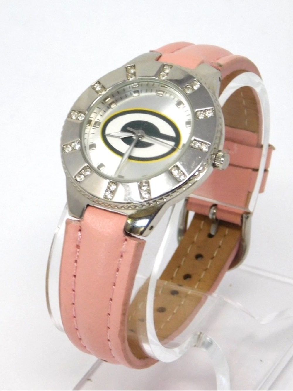 Green Bay Packers Women's Watch Game Time Pink Leather Band Silver Dial NFL Fan